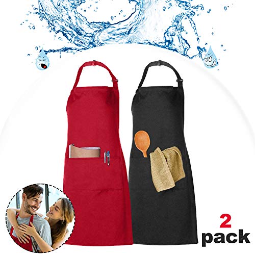 2 Piezas Delantal Cocina, XCOZU Correa para el Cuello Ajustable Delantal Hombre Mujer Delantal Cocinero Mandil Cocina, Delantales Negros y Rojo con Peto, Delantal Impermeable Chef Profesional
