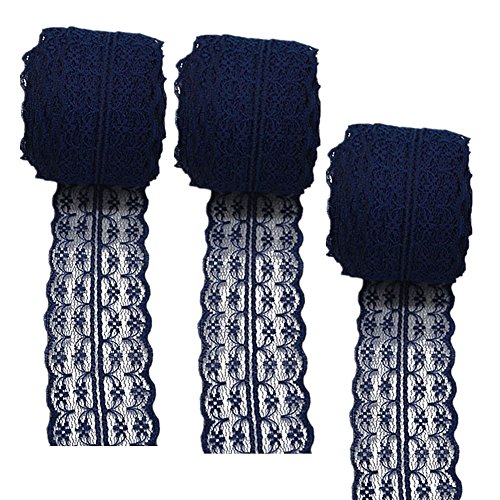 3 rollos de 10 metros de cinta de encaje floral, azul marino, 45mm x10m