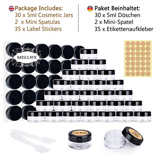 30 Piezas Tarros de Plástico, Contenedores Cosmético de Viaje Envases de Vacío Transparente con Mini espátulas y Etiquetas Adhesivas para Cosmética Crema Muestra, Polvo, Decoración Uñas, 5g 5ml Negro
