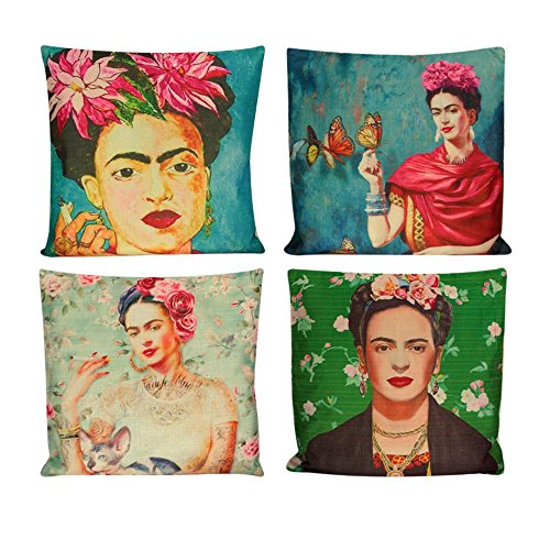 4 Fundas de Cojín de Alta Definición Estilo Vintage con Diseño de Pintora mexicanapara Decoración del hogar ...