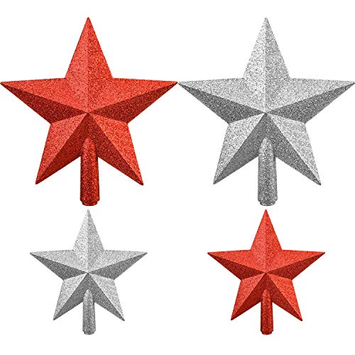 4 Piezas Estrella Brilla Topper de Árbol de Navidad Decoración de Topper para Decoración de Árbol de Navidad, 2 Tamaños (Rojo y Plata)