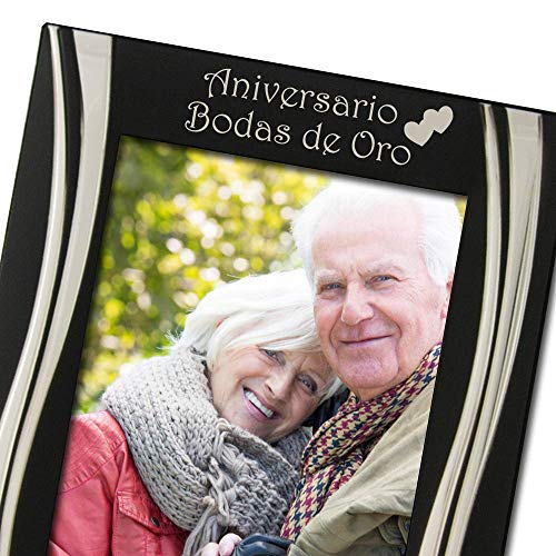 50 Aniversario. Marco de fotos de 50 Aniversario Bodas de Oro, Chapado en plata. Impresionante diseño negro y plateado, Regalo de Aniversario Bodas de Oro, Presente