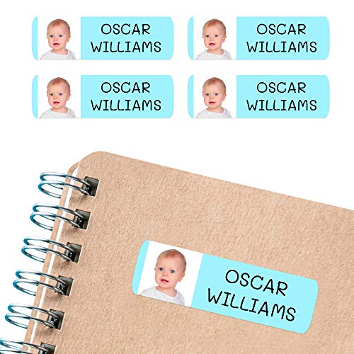 50 Etiquetas Adhesivas personalizadas, con foto o imagen, de 6 x 2cms, para marcar objetos, libros, fiambreras, etc. Color Azul Pastel