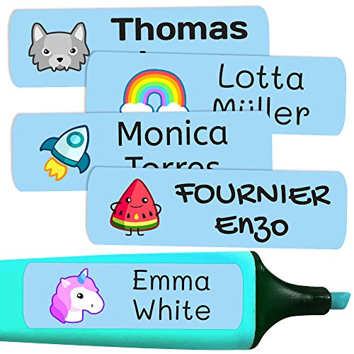 50 Etiquetas Adhesivas Personalizadas, de 6 x 2 cms, para marcar objetos, libros, fiambreras, etc. Color Azul Celeste