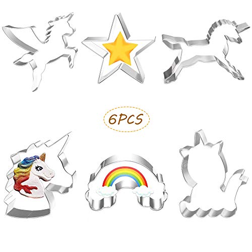 6 PCS de Acero Inoxidable Molde de Cortadores de Galletas y Galletas Establecido para Pastel horneado de Bricolaje Fondant Decoración de Pastelería para Hornear-Unicornio, Pegaso, Arcoiris, Estrellas