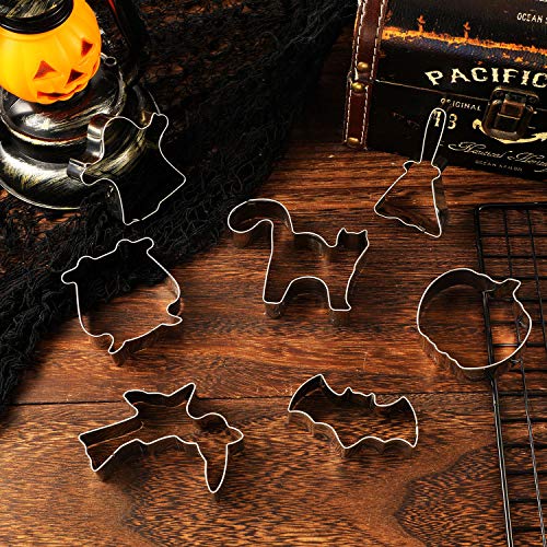 7 Piezas Cortadores de Galletas de Halloween Set Moldes de Galletas con Murciélagos de Calabaza Búhos Gato Fantasma Brujas Diseño de Palo de Escoba para la Decoración de Galletas de Halloween