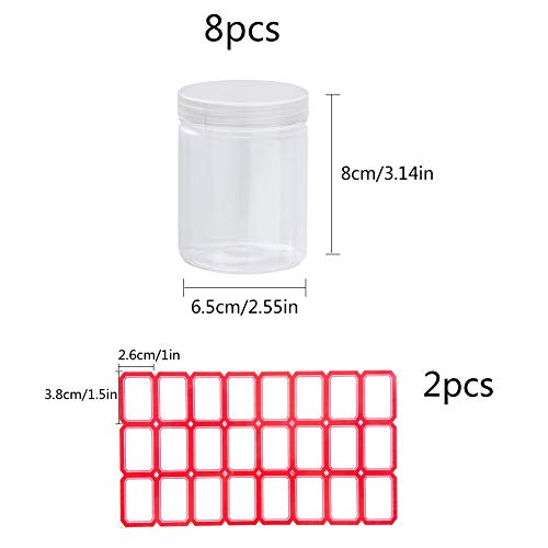 8 tarros de almacenamiento de plástico transparente con tapas de rosca y 2 etiquetas adhesivas, organizador redondo para alimentos, productos secos, cocina y manualidades, almacenamiento rellenable