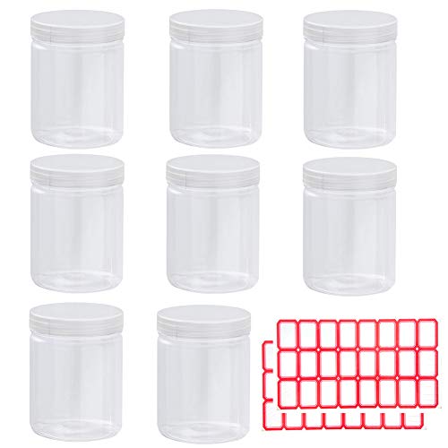 8 tarros de almacenamiento de plástico transparente con tapas de rosca y 2 etiquetas adhesivas, organizador redondo para alimentos, productos secos, cocina y manualidades, almacenamiento rellenable