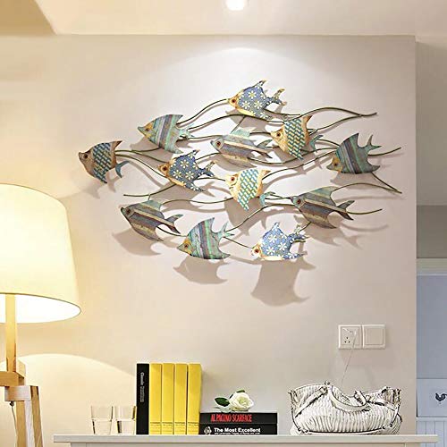 Adorno Pared Decorativo de Metal Banco de Peces Azules. Cuadros y Apliques. Muebles Auxiliares. Decoración Hogar. Regalos Originales. Pequeño 81 * 39 cm/Grande 112 * 66 cm,Large 112 * 66cm
