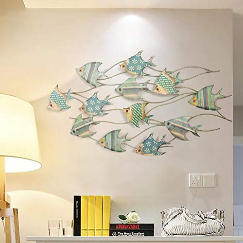 Adorno Pared Decorativo de Metal Banco de Peces Azules. Cuadros y Apliques. Muebles Auxiliares. Decoración Hogar. Regalos Originales. Pequeño 81 * 39 cm/Grande 112 * 66 cm,Large 112 * 66cm