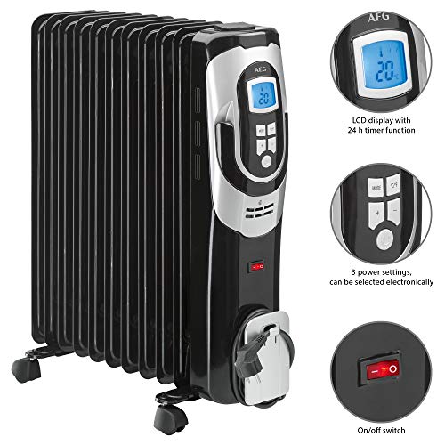 AEG RA 5589 - Radiador de aceite, 2500W, 11 elementos, programable, pantalla digital, 3 niveles potencia, 2500 W, Aluminio, Negro y gris