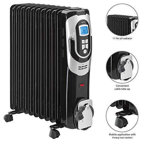 AEG RA 5589 - Radiador de aceite, 2500W, 11 elementos, programable, pantalla digital, 3 niveles potencia, 2500 W, Aluminio, Negro y gris