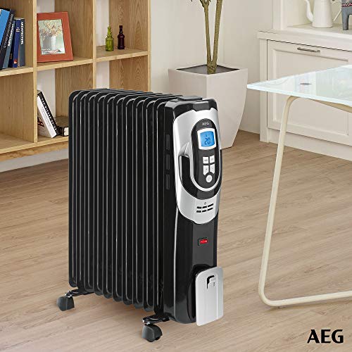 AEG RA 5589 - Radiador de aceite, 2500W, 11 elementos, programable, pantalla digital, 3 niveles potencia, 2500 W, Aluminio, Negro y gris