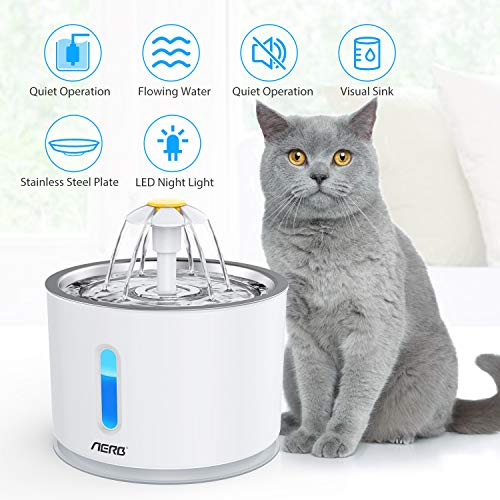 Aerb Fuente de Agua para Gatos 2.4L, con LUZ en Noche y Silencioso Altamente, Dispensador de Agua Automática para Mascotas con 3 Filtros de Carbón Activado