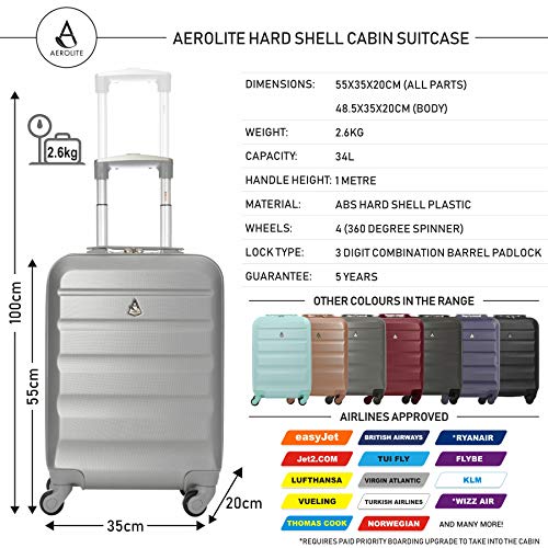 Aerolite ABS 55cm Maleta Equipaje de Mano Cabina rígida Ligera con 4 Ruedas (Plata + Carbón)