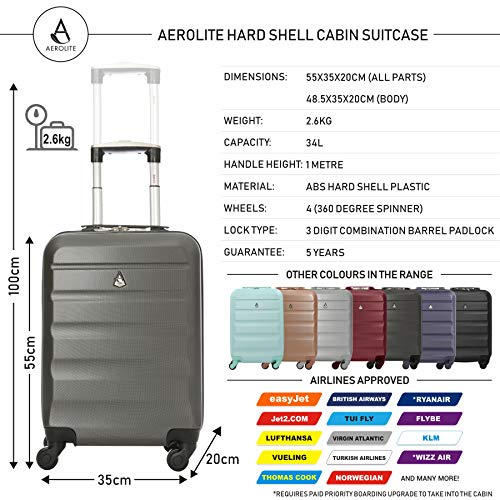 Aerolite ABS 55cm Maleta Equipaje de Mano Cabina rígida Ligera con 4 Ruedas (Plata + Carbón)