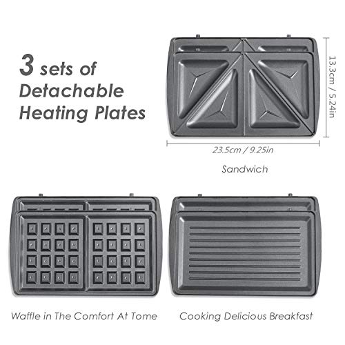 Aicok Sandwichera Grill, Gofrera, Sandwichera 3 en 1, 800W, Termostato Ajustable, Placas Extraíbles, Placas Antiadherentes, Negro