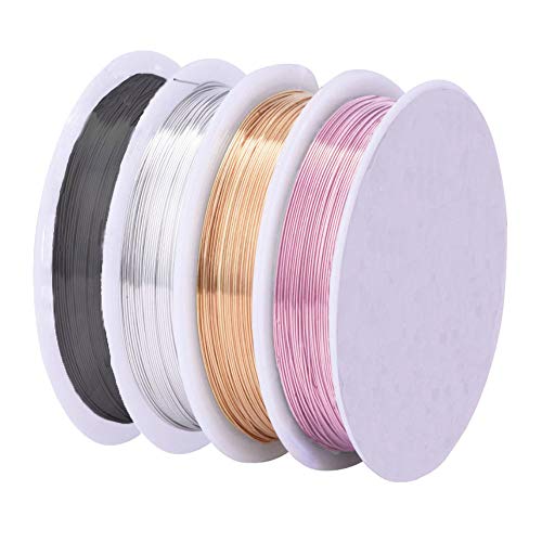Alambre manualidades flexible, 4 Rollos artesanías de alambre de cobre, para Creación de Arte y Joyería, Artesanías Rebordeado Alambre(plata brillante/oro KC/oro rosa rosa/negro pistola)