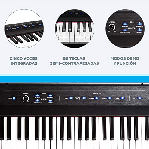 Alesis Recital - Teclado de Piano Digital con 88 Teclas Semi-contrapesadas de Tamaño Completo, Fuente de Alimentación, Altavoces Incorporados y 5 voces de Primera Calidad