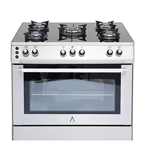 ALPHA Cocina de Gas VULCANO ELITE-90 Cristal Negro. Encendido automático y temporizador en horno. **Alta Gama**