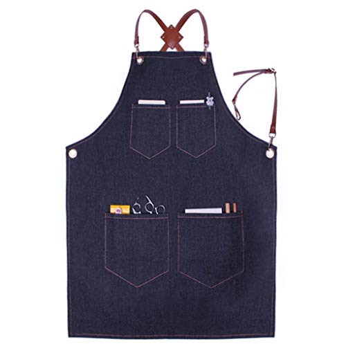 A.Monamour Correas De Cuero con Espalda Cruzada Ajustables Delantal De Mezclilla Azul con Bolsillos para Chef del Hotel, Cocina Casera, Asador para Barbacoas, Trabajo De Talle Hombres