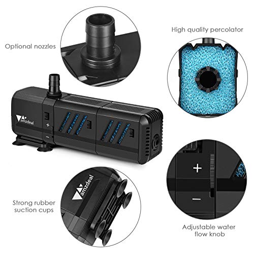 amzdeal Bomba Sumergible 1500L/H 15W con Filtro y 2 boquillas, Bomba de Agua 1.6M Ultra Silenciosa para Pecera Acuario Jardín Estanque Fuente