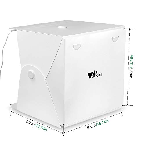 Amzdeal Caja de Luz 40x40x40cm,Caja de Fotografía Portátil con Soporte Firme para Estudio Fotográfico con Tira de LED y 4 Fondos Blanco/Negro/Azul/Verde (Versión Mejorada)