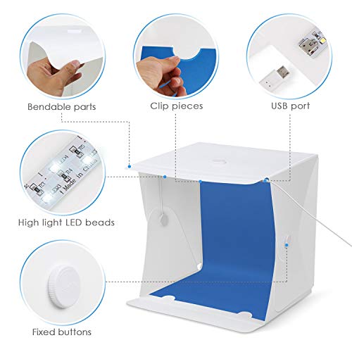 Amzdeal Caja de Luz 40x40x40cm,Caja de Fotografía Portátil con Soporte Firme para Estudio Fotográfico con Tira de LED y 4 Fondos Blanco/Negro/Azul/Verde (Versión Mejorada)