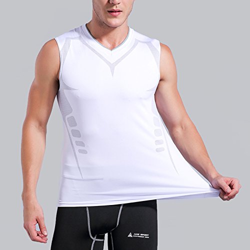 AMZSPORT Camiseta de compresión sin mangas para hombre Deportes de Secado Rápido Baselayer Funcionamiento Tirantes Blanco L