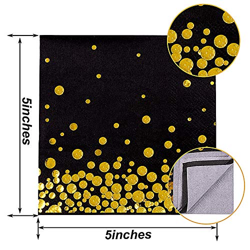 Aneco - Servilletas de papel con lunares dorados, 60 unidades, color negro con lunares dorados, para decoración de fiestas, suministros de fiesta de cumpleaños, 5 por 5 pulgadas