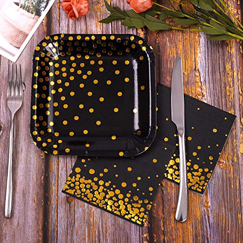 Aneco - Servilletas de papel con lunares dorados, 60 unidades, color negro con lunares dorados, para decoración de fiestas, suministros de fiesta de cumpleaños, 5 por 5 pulgadas
