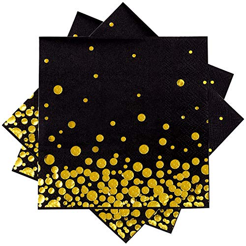 Aneco - Servilletas de papel con lunares dorados, 60 unidades, color negro con lunares dorados, para decoración de fiestas, suministros de fiesta de cumpleaños, 5 por 5 pulgadas