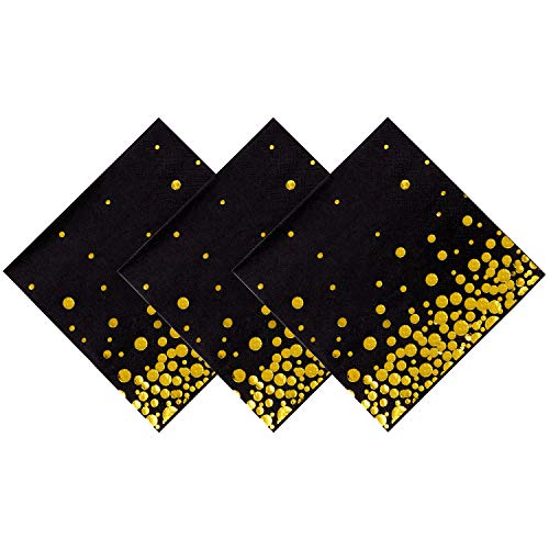 Aneco - Servilletas de papel con lunares dorados, 60 unidades, color negro con lunares dorados, para decoración de fiestas, suministros de fiesta de cumpleaños, 5 por 5 pulgadas
