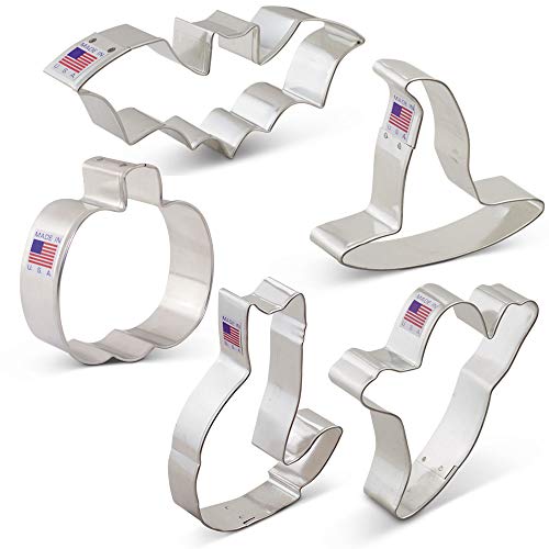 Ann Clark Cookie Cutters Juego de 5 cortadores de galletas Halloween con libro de recetas, calabaza, murciélago, fantasma, sombrero de bruja y gato - Acero fabricado en EE. UU.