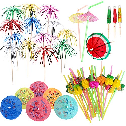Anyasen Set de Fiesta de Decoración de Cóctel Paraguas de Cócteles Paraguas de Papel para Cóctel Sombrillas Fuegos Artificiales Palillos de Cóctel y Pajitas Cocktail Artículos para Fiestas, 230 Piezas