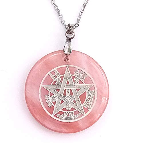 ARITZI - Colgante Redondo de Mineral Natural con símbolo de Tetragrammaton y Cadena de 50 cm en Acero - Cuarzo Cerezo