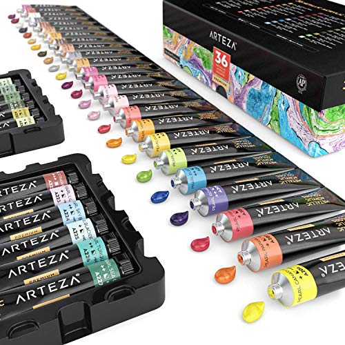 Arteza Pintura acrílica metálica | 36 colores | 36 tubos de 22 ml | Pinturas acrílicas para lienzos | Acrílicos resistentes no tóxicos | Tubos de pintura acrílica para artistas, principiantes y niños
