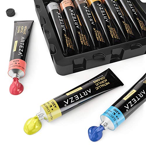 Arteza Pintura acrílica metálica | 36 colores | 36 tubos de 22 ml | Pinturas acrílicas para lienzos | Acrílicos resistentes no tóxicos | Tubos de pintura acrílica para artistas, principiantes y niños