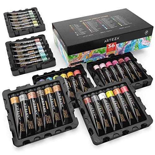Arteza Pintura acrílica metálica | 36 colores | 36 tubos de 22 ml | Pinturas acrílicas para lienzos | Acrílicos resistentes no tóxicos | Tubos de pintura acrílica para artistas, principiantes y niños