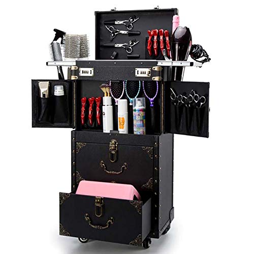 ASCASE Rolling Bloqueable Maleta de Maquillaje Maletín Tren Peluqueria Carrito Estilista Belleza Salón Cosmético Equipaje Viajar Organizador Herramienta Caja con Secador de Pelo Poseedor