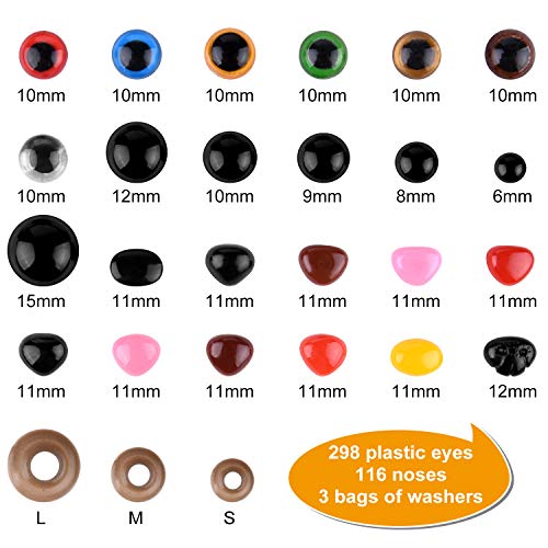 ASTARON Juego de 1028 piezas de plástico para ojos y narices de seguridad con arandelas para hacer manualidades de animales de peluche, tamaños surtidos