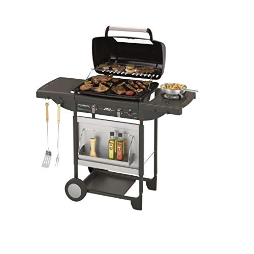 Barbacoa a gas Campingaz para piedra lava Texas Re.volution S, con 2 quemadores de gas compactos, quemador lateral, 8,2 kW, mesas laterales y carro de acero & Campingaz 205637 - Piedras lava, 3 kg