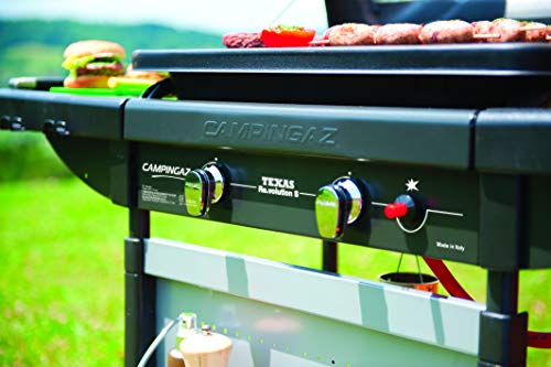 Barbacoa a gas Campingaz para piedra lava Texas Re.volution S, con 2 quemadores de gas compactos, quemador lateral, 8,2 kW, mesas laterales y carro de acero & Campingaz 205637 - Piedras lava, 3 kg