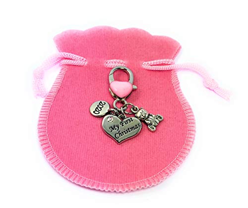 Bebé niña primera Navidad del bebé 2017 recuerdo charms llavero con rosa terciopelo bolsa de regalo hecho a mano por Libby 's Market Place ~ de Reino Unido Vendedor