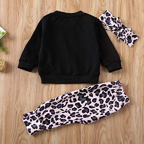 Bebé Recién Nacido 3 Piezas Ropa Camiseta de Manga Larga Pantalones Largos de Leopardo Diadema Conjunto de Otoño Primavera para Niñas Pequeñas (Negro, 2-3 Años)