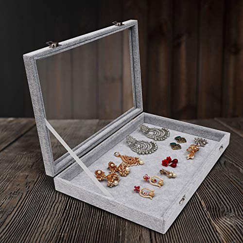 BELLE VOUS Joyero - (35cm x 24cm x 5cm) Gris, Caja de Presentación de Terciopelo con Tapa de Vidrio con Cerradura para Collares, Pendientes, Pulseras, Tobilleras, Colgantes y Anillos