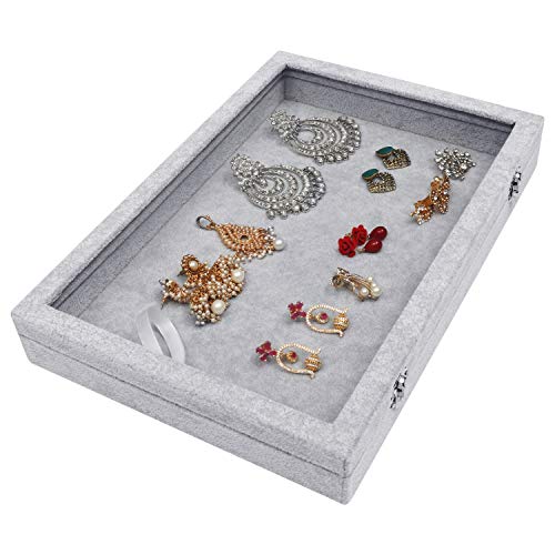 BELLE VOUS Joyero - (35cm x 24cm x 5cm) Gris, Caja de Presentación de Terciopelo con Tapa de Vidrio con Cerradura para Collares, Pendientes, Pulseras, Tobilleras, Colgantes y Anillos