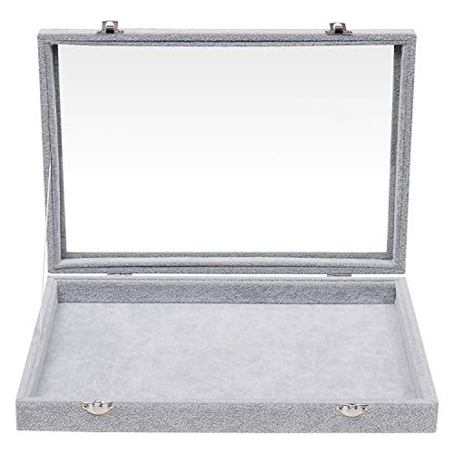BELLE VOUS Joyero - (35cm x 24cm x 5cm) Gris, Caja de Presentación de Terciopelo con Tapa de Vidrio con Cerradura para Collares, Pendientes, Pulseras, Tobilleras, Colgantes y Anillos