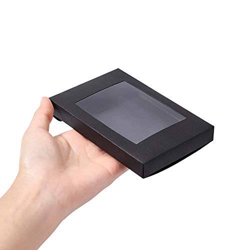 BENECREAT 30 Pack Caja Negra de Cartón Plegabe con Ventana PVC Transparente 12.5x8.5x1.5cm Caja de Joyería de Regalo Envase Superior para Pastel, Chocolate y Galleta