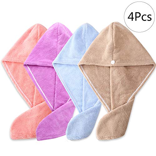 BETOY Microfibra Cabello Toalla, 4 Piezas Toallas de Baño Turbante de Secado Rápido Pelo Secado Rápido de Microfibra 25x65cm, Azul Rosa Morado Camello